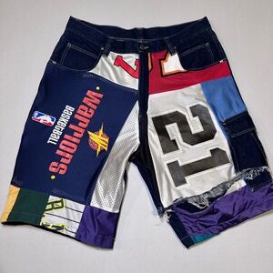Y2K Fubu‎ Deepthree Shorts Mens 38NBA Denim Patchwork Basketball Jersey Warriors
